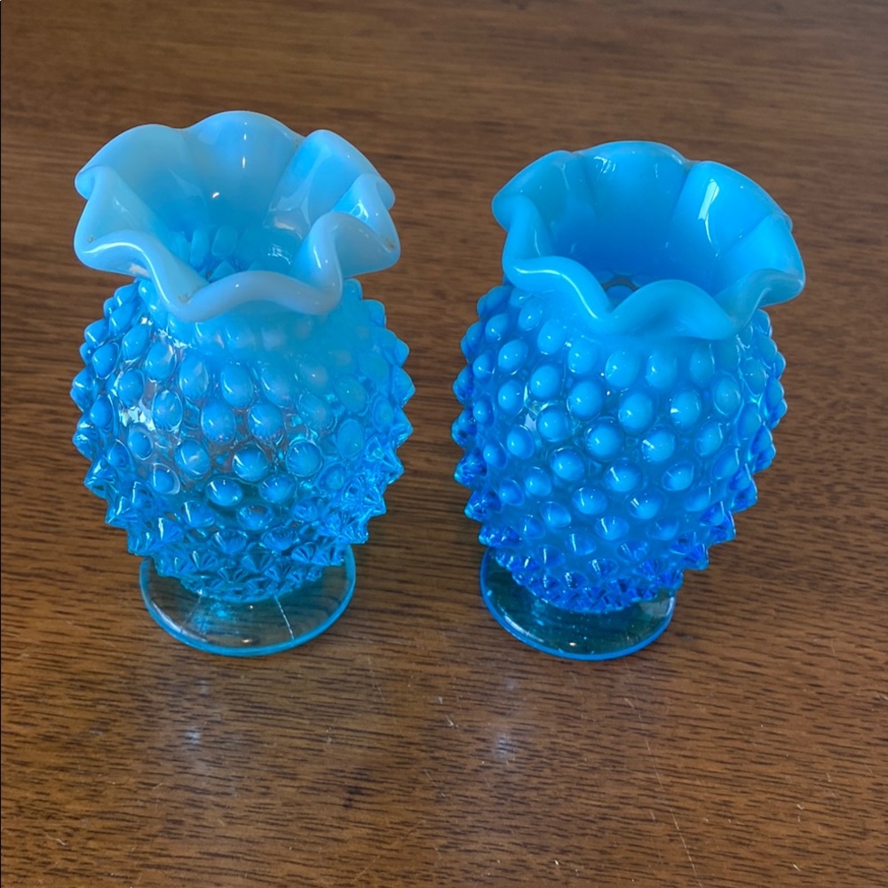 Vintage Blue Hobnail Glass Vases- set of two